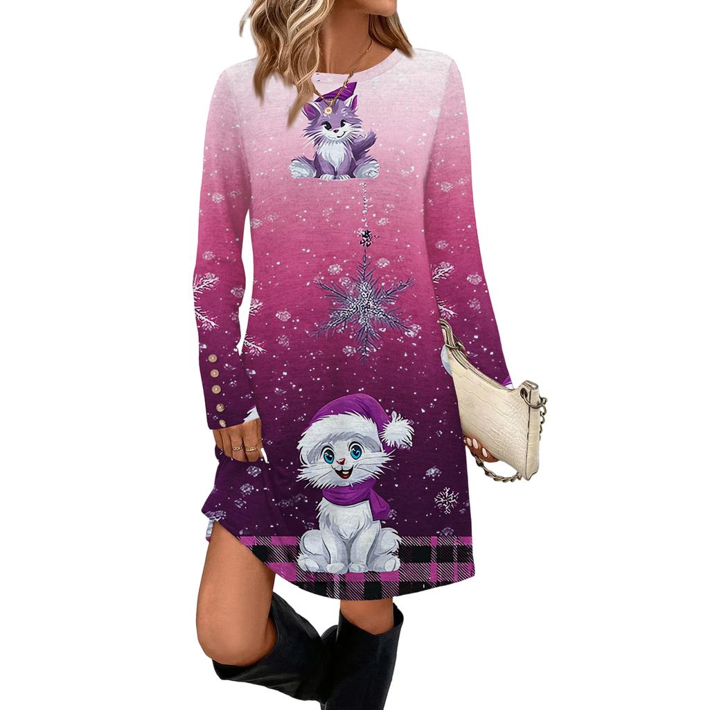 Women's Fashion Casual Dress With Pockets, Decorative Buttons, Christmas Prints, Round Neck And Long Sleeves