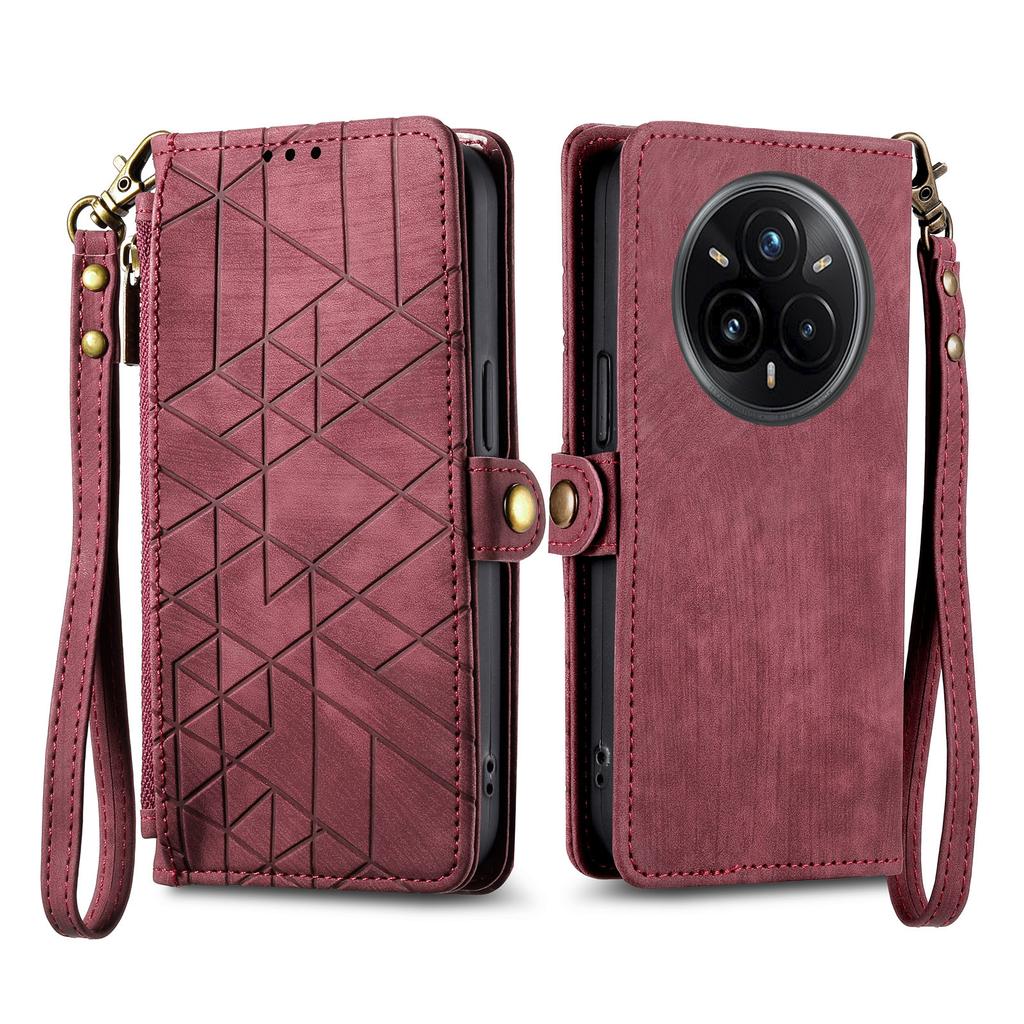 For Realme 14 Pro+ 5G Lommeboketui med glidelås Geometriske linjer Lærtelefondeksel med stropp