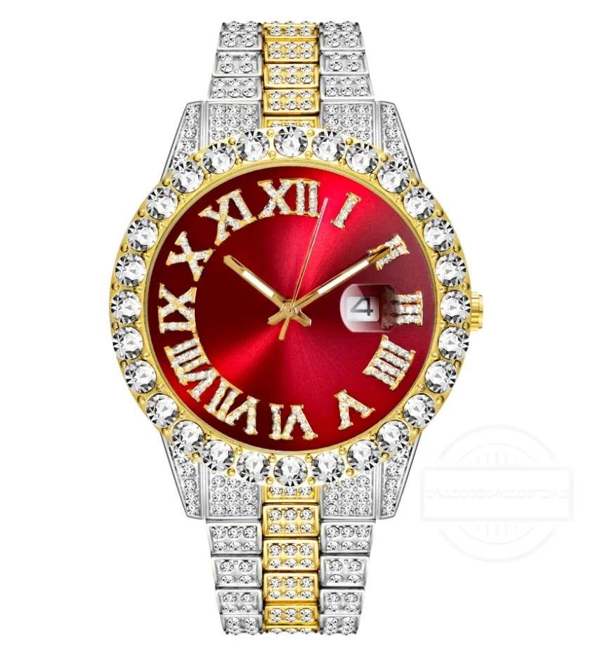 1/2pc Watch Bracelet Hip Hop Stainless Steel Gold Color Calendar Watch for Men Iced Out Paved Rhinestones Men Watch Reloj Hombre