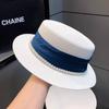 Hat women 2025 new summer retro fashion pearl straw top hat travel seaside flat top celebrity style straw hat