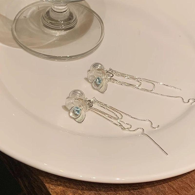 

Super Fairy Sweet Blue Zircon Camellia Tassel Earrings for Women Fancy Elegant Ear Studs Non-Piercing Ear Clip Earrings No ear hole shot! Mosquito coil ear clip a pair