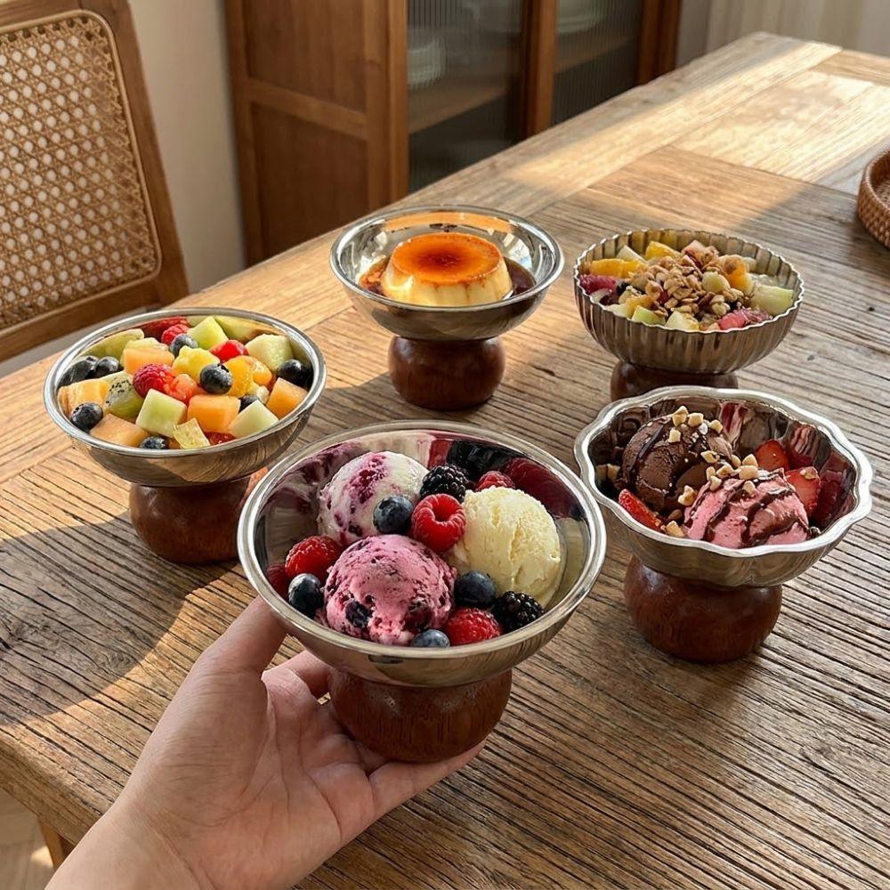Food Grade Stainless Steel Dessert Bowl Retro Style Fruit Plate Dessert Salad Goblet High Footed Ice Cream Cup Restaurant