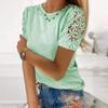 Women's Casual Lace Stitching Crew Neck T-Shirt - Breathable Short Sleeve Top with Floral Cut-Out Details, Solid Color Regular Fit