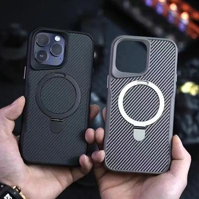 Luxury Soft Rubber Frame Magsafe Phone Case For iPhone 13 15 12 14 16 Pro Max Metal Bracket Carbon Fiber Textured Backplate Cover