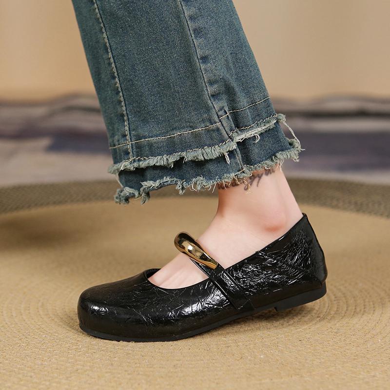 Fashion New Round Toe Solid Patent Leather Mary Jane Shoes Women's Summer Real Leather Metal Decorative Ballet Shoes Flat Single Shoes