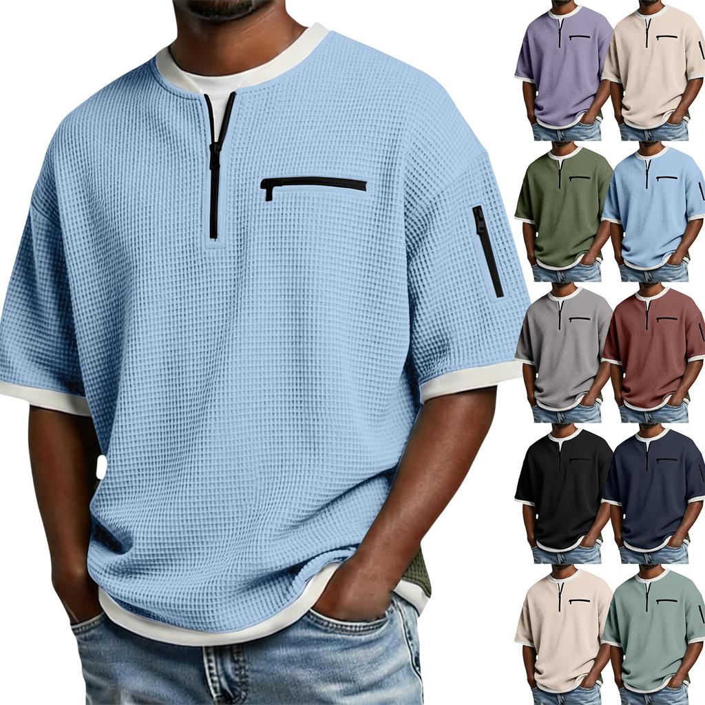 Men's Casual -Weave Zipper-Collar Lightweight Breathable Short-Sleeve Top
