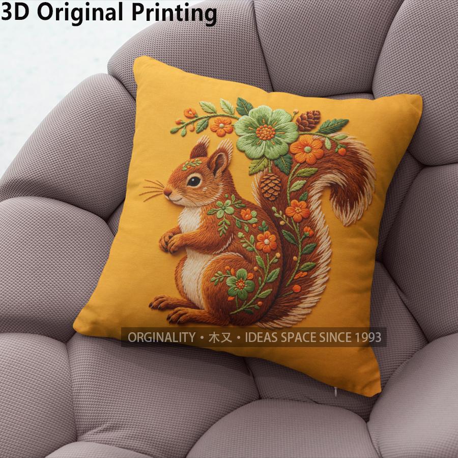 Embroidered Style Squirrel Floral Throw Pillow Covers Pattern Cushion Cover Suitable For Sofa Bedroom Car Pillow Cover