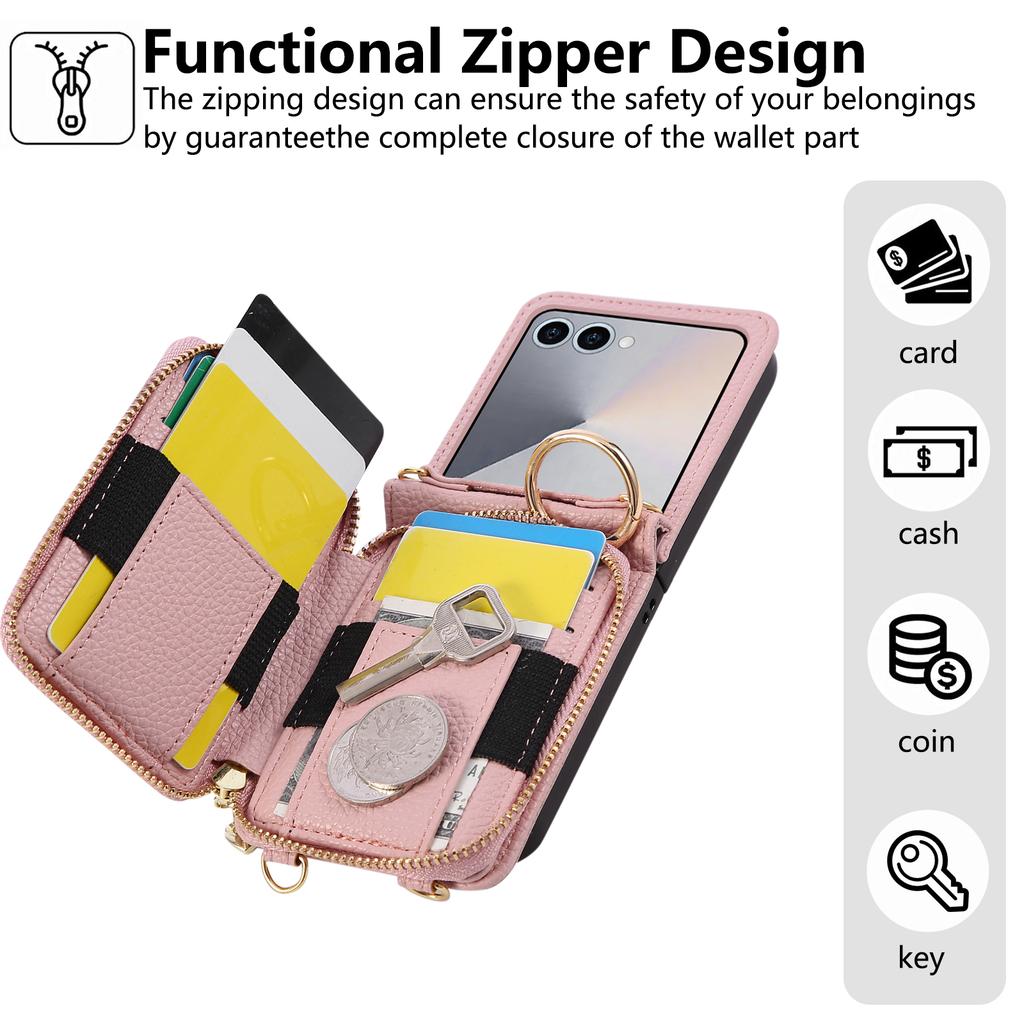 Crossbody Zipper Cards Solt Wallet Leather Ring Holder Case For Samsung Galaxy Z Flip 7 6 5 4 3 7FE Long Lanyard Bag Grid Cover