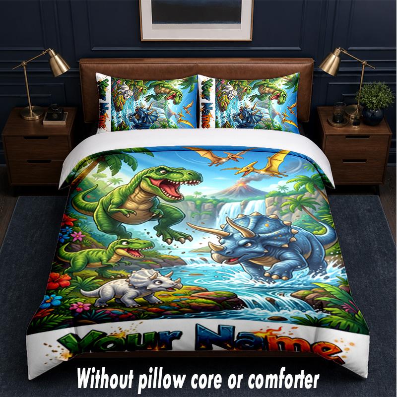 Dinosaur Theme Custom Text Or Name 3Pcs Bedding Set,1 Flat Sheet & 2 Pillowcases Personalized Home Bedding