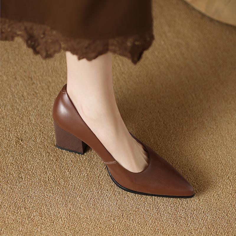 Fashion 2025 New Genuine Leather Pointed Toe Thick High Heels Spring Shoes Grace Wedding Mature Shallow Slip On Comfortable Women Shoes