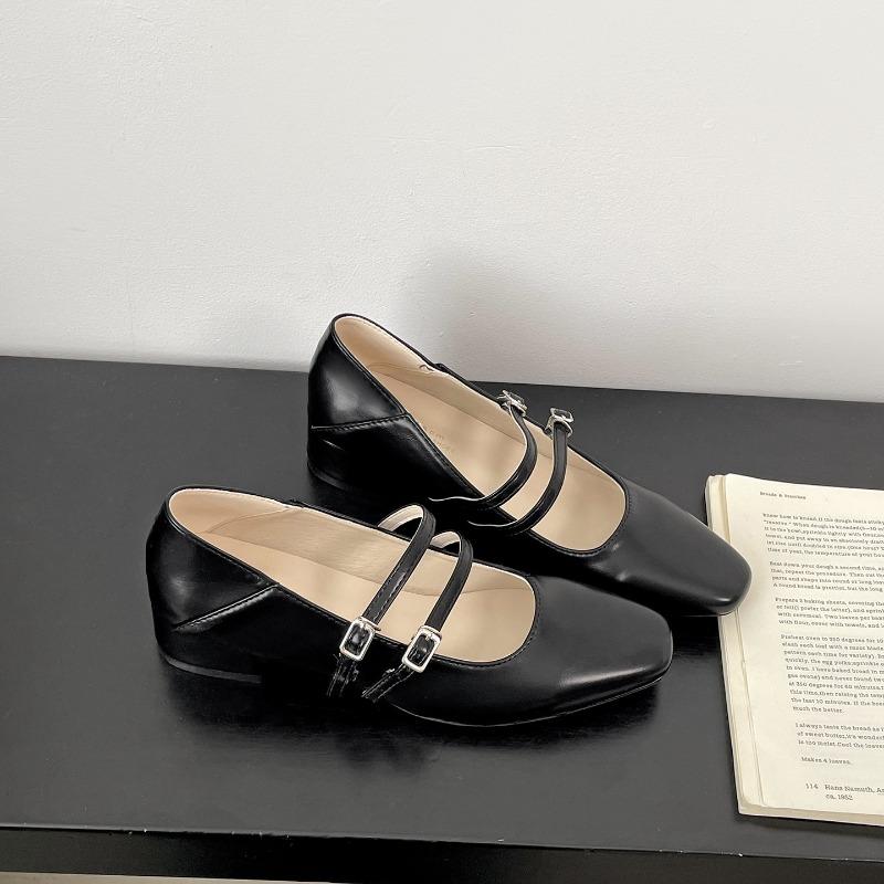Square Toe Low Heel Women Silvery Mary Jane Shoes Fashion Elegant Belt Buckle Shoes Ladies Comfort Street Style Leather Shoes