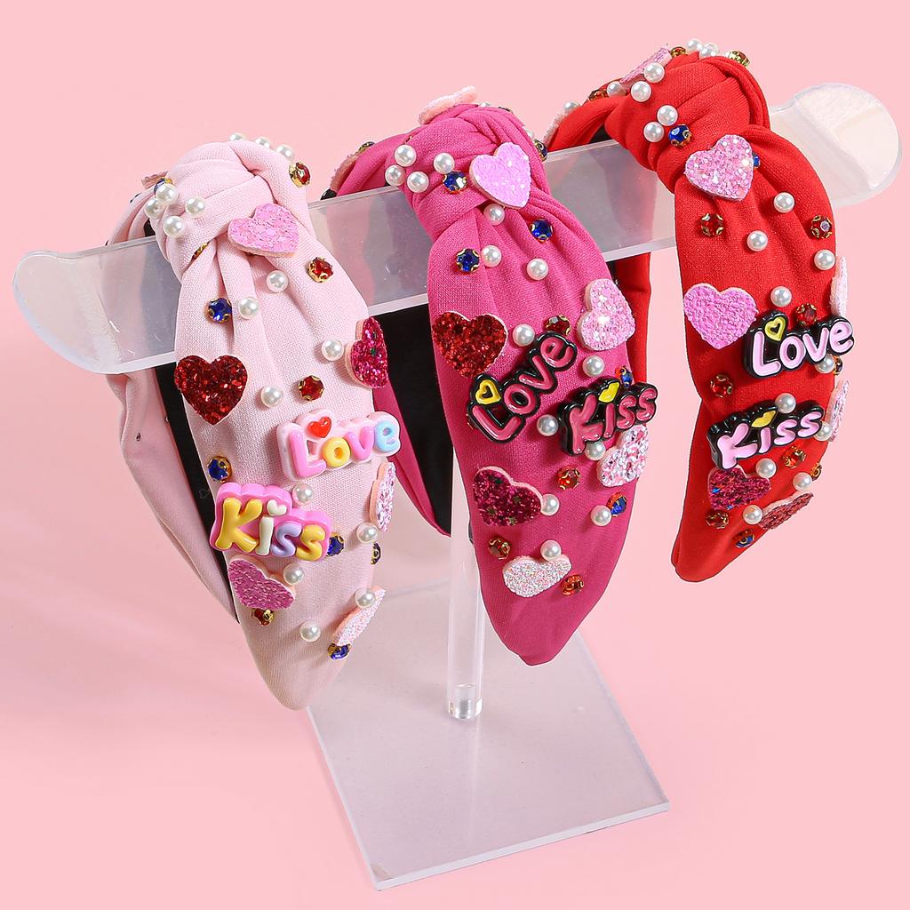 Fashion Valentine's Day Headbands for Women Glitter Heart Letter Hairbands Crystal Pearl Headband for Party Hair Accessories