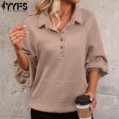 Women's Fashion Casual Solid Color Print Autumn Winter Long Sleeve POLO Neck Pullovers & Long Sleeves