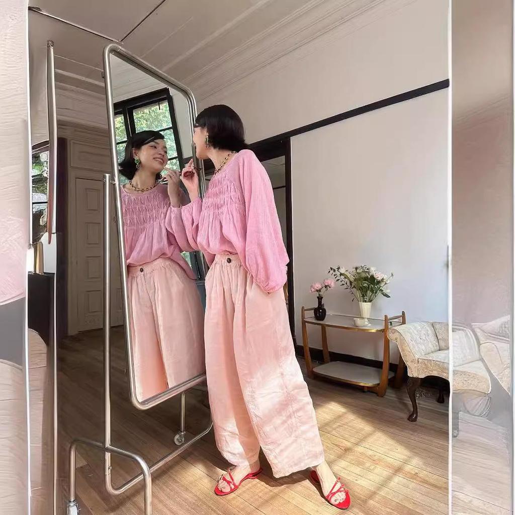 2024 Summer Arrival: Women's Shrimp Pink Tulle Linen Wide-Leg Long Pants