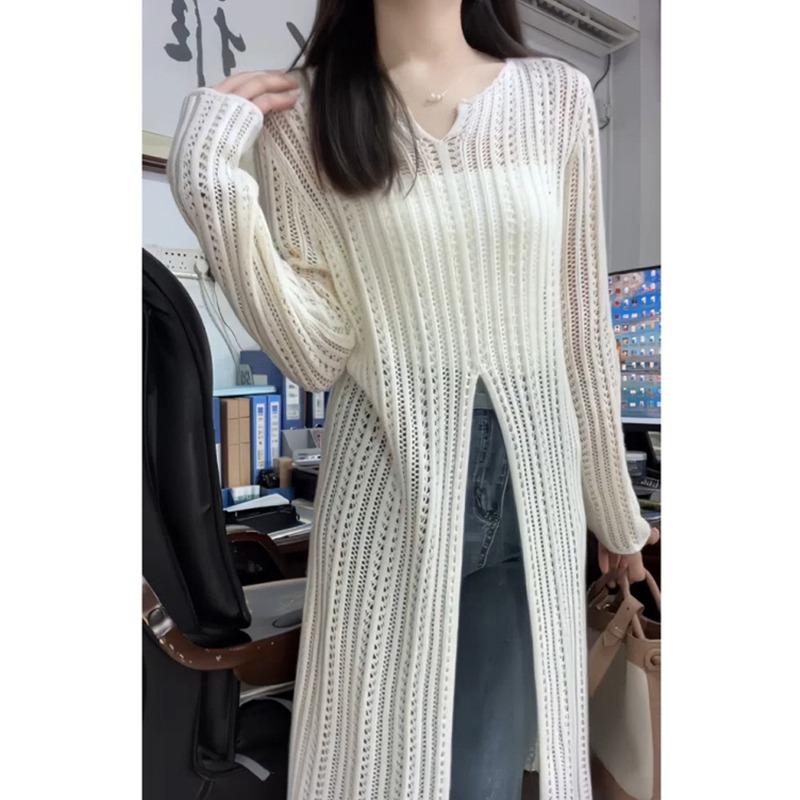 Elegant V-neck Hollow Knitted Long Sweater Dress Women Fashion High Split Spring Summer Casual Simple Solid  Sunscreen Thin Blouse See Through Dresses