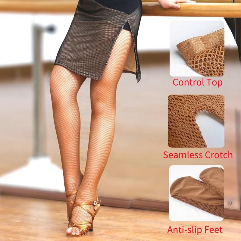 Control Top Fishnet Pantyhose Plus Size Women Latin Dance Non-Slip Stockings Hard Yarn Elastic Mesh Ballroom Tights Dancewear
