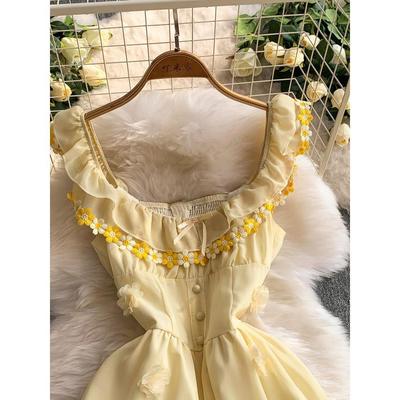 French Sweet Blue Three-dimensional Flower Small Flying Sleeve Suspender Dress Women's Casual Summer Vacation Style Thin Dress
