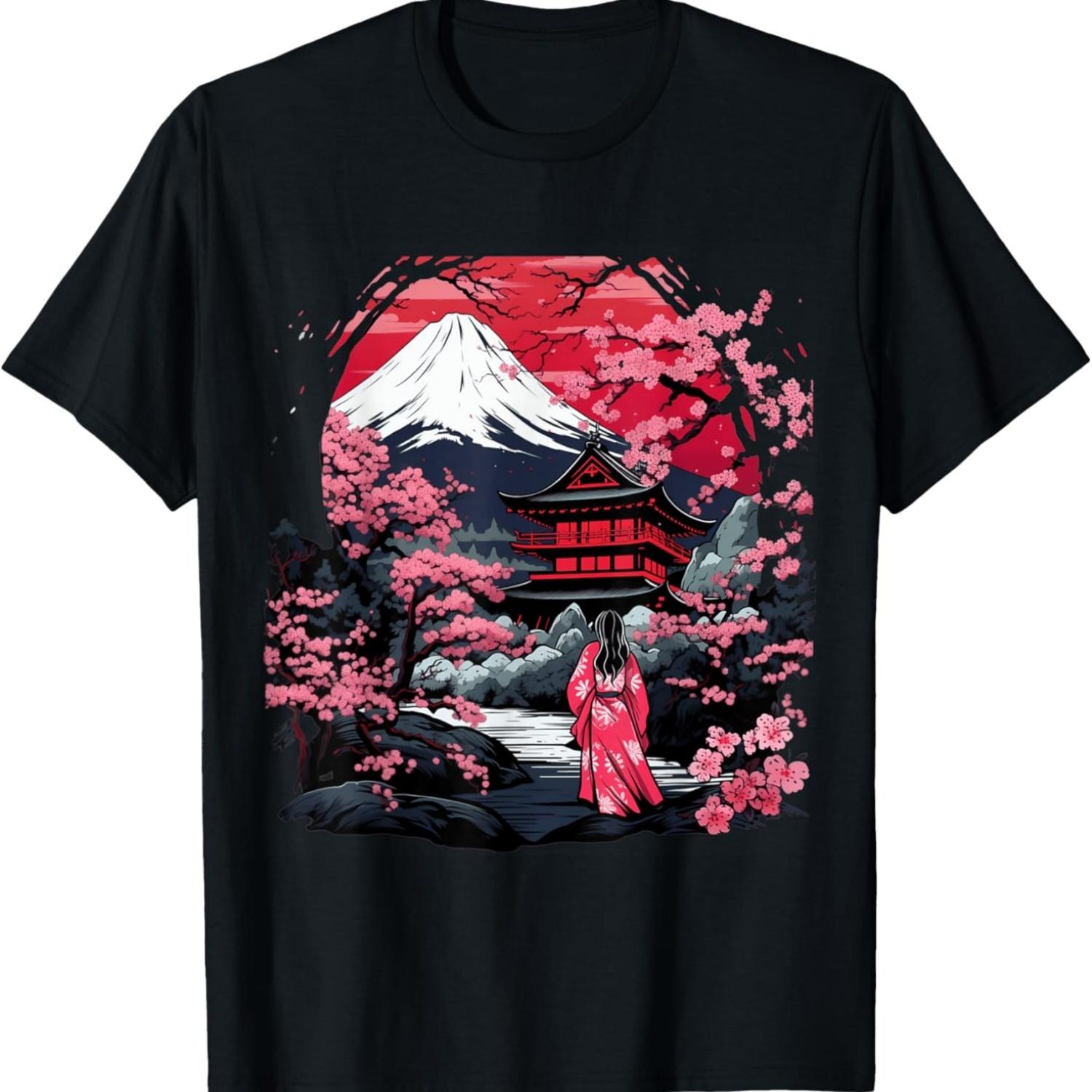 Футболка с гейшей, горой Фудзи, пагодой и цветами сакуры(15) S чёрный