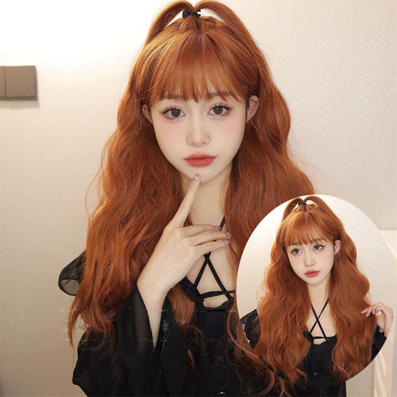 Long Hair Natural Wig Head Cover Women Wig Water Ripple Orange Straight Bangs