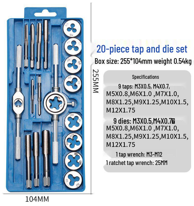 Hand Threading Tap & Die Set with Tapping Drill Bit and Wrench