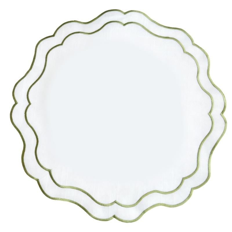 

Вышитая тканевая подставка под тарелку круглая с цветочным узором и фестончатыми краями, моющаяся, для свадеб, детских праздников, банкетных вечеринок, декора зелёный