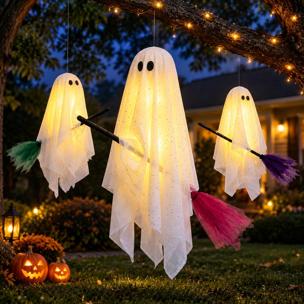 Halloween Flying Broom Ghost Decorations, 3-Piece Set