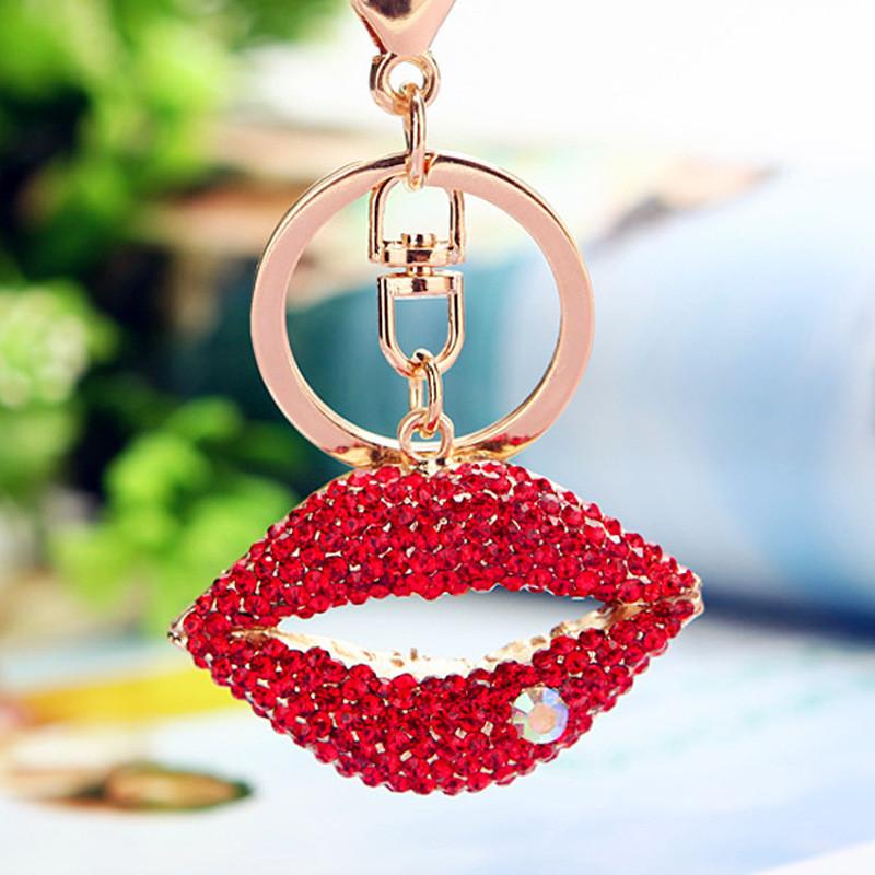 

Элегантный брелок для ключей с красными губами и стразами, милый стильный аксессуар для сумки