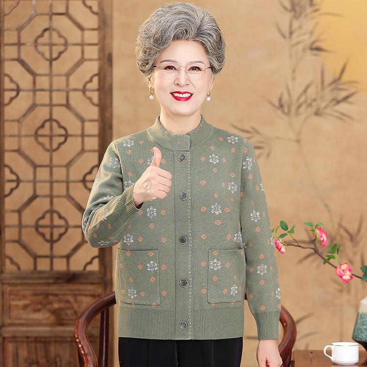 Middle-aged and Elderly Women's Grandmother's Suit Plus Velvet Thickened Spring and Autumn Old Lady Top Coat Mother's Suit Winter Sweater Cardigan