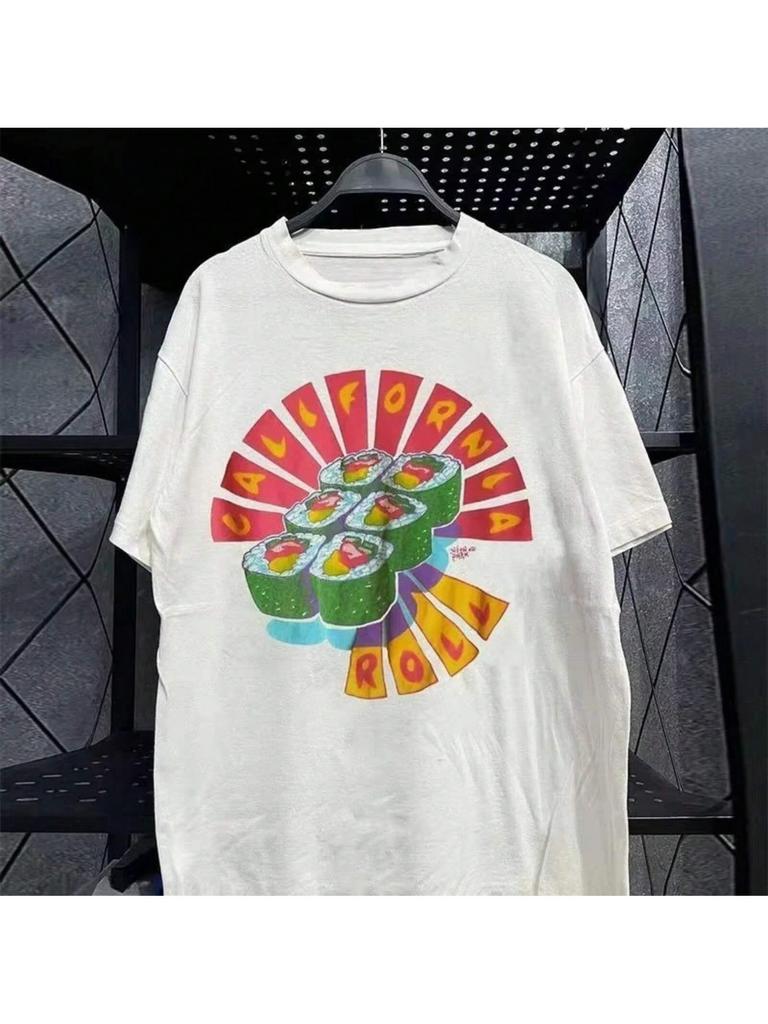 2025 Summer New Callfornia Roll Sushi Printed Brand Small Neckline Short Sleeve T-Shirt Ulzzang Textured Casual Top