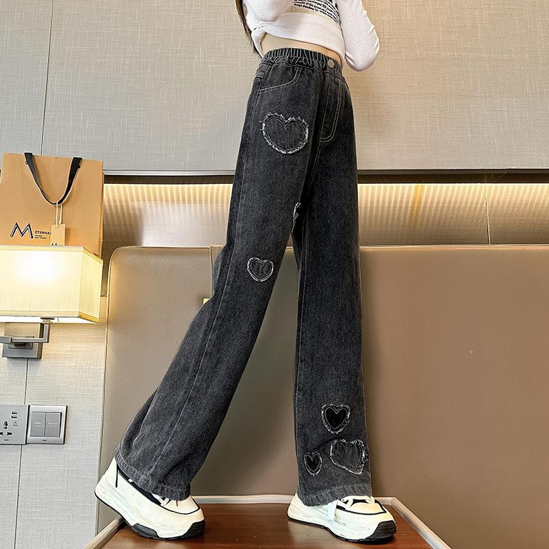 Girls' Heart Patch Jeans Spring Stylish Children's Korean Fashion Long Pants for Girls Spring and Autumn Outerwear Pants