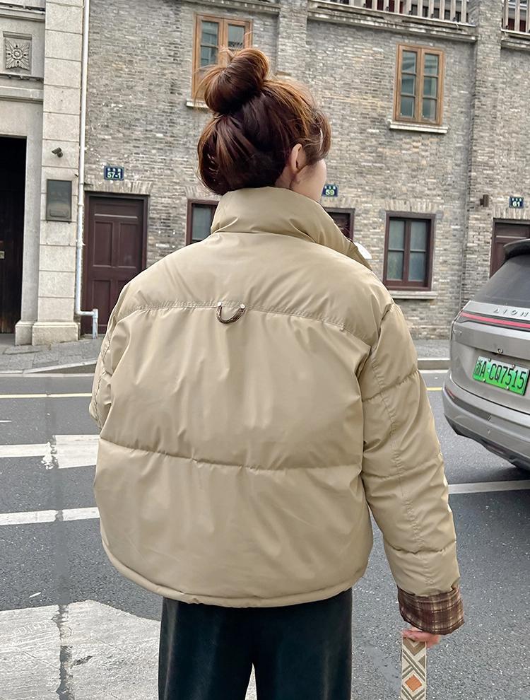 Vertical Collar Plaid Contrast Cotton Warm Short Thickened Jacket