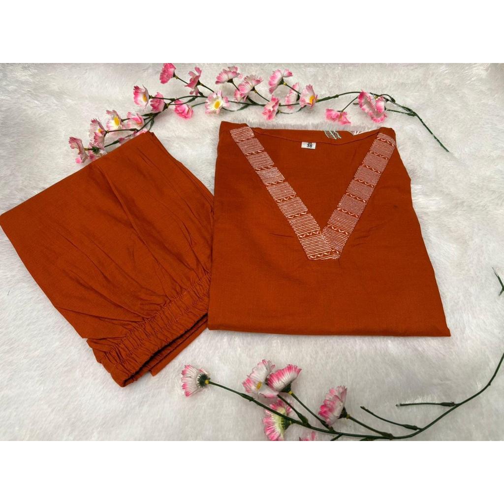 Beautiful Embroidery Office Wear Cotton Kurti Pant Set Indian Designer Kurta Set