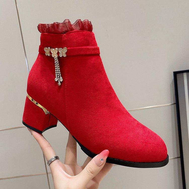 Soft Leather Short Boots Women's Matte Thick Heel Martin Boots Women's Autumn and Winter New Velvet Warm Non-slip Wear-resistant High-heeled Cotton