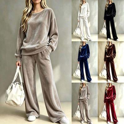 Dames Trendy Casual Fluweel Twee Delig Outfit Set met Wijde Pijpen Broek en Losse Pasvorm