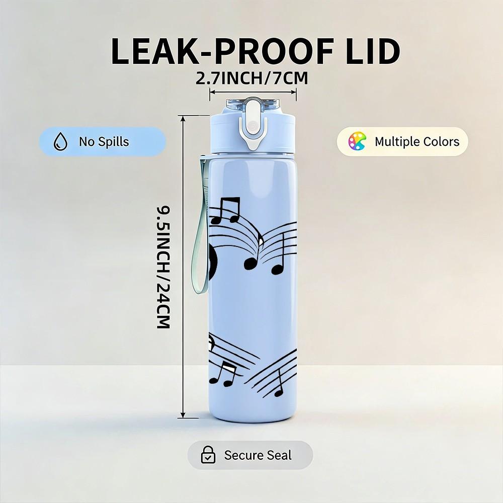 1PC Music Note Treble Clef Heart Print 750ml Color Plastic Sports Water Bottle Leakproof Flip Straw Lid Suitable for Sports Office Home Use