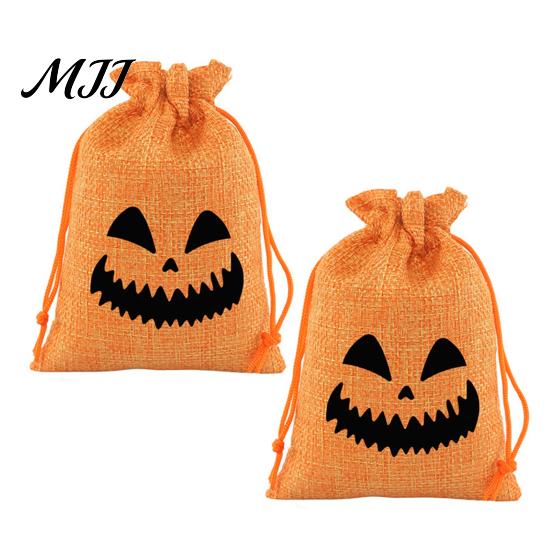 Fabric Candy Containers 2 Pcs Halloween Burlap Gift Bags with Drawstring, Trick or Treat Festival Event Goodie Pouch, Reusable Goodies Bag for