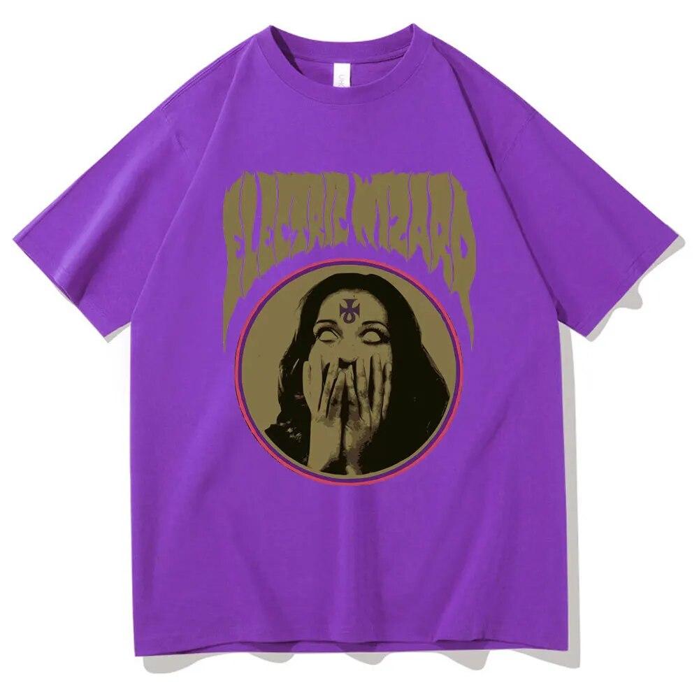 Elektryczny czarodziej opętany T-shirt z nadrukiem unisex kobiety rockowa koszulka z czystej bawełny okrągły dekolt w stylu casual, czarny t-shirty unisex czarny streetwear