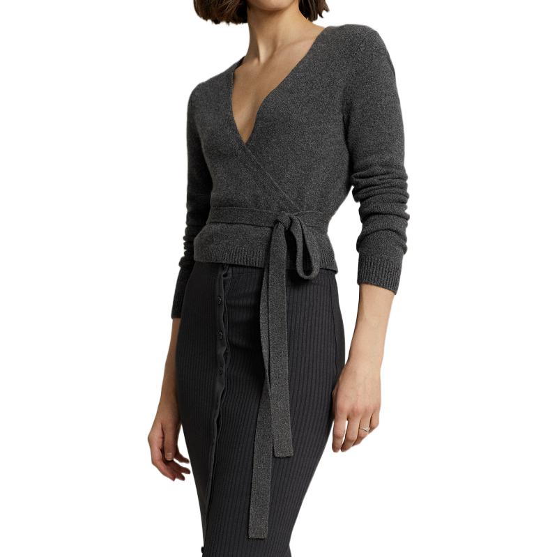 Polo Ralph Lauren FW22 Solid Color V-Neck Tie Long Sleeve Knit Sweater Women sweater Gray WMPOSWENDW20074-020