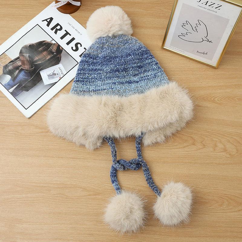 Ear Protection Knitted Thermal Hat Women's Autumn and Winter Piled Thickened Hairball Wool Colorful Hat
