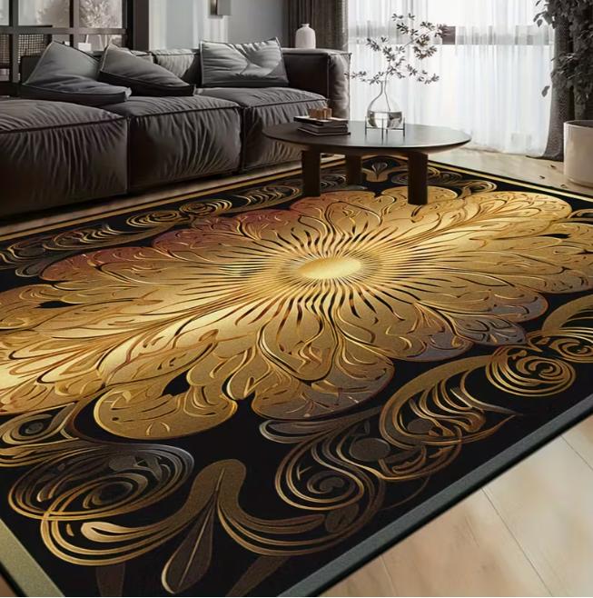 Luxury Black Marble Area Carpet Office Bedroom White and Gold Border Design Suitable for Modern Living Spaces, Bedroom Carpet