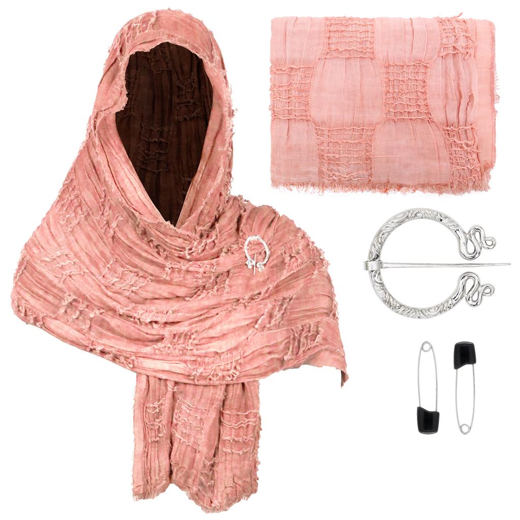 Vintage Medieval Hooded Cape Shawl Scarf With Ruffles And Frayed Edges Metal Brooch And Safety Pin Halloween Cosplay Cloaks