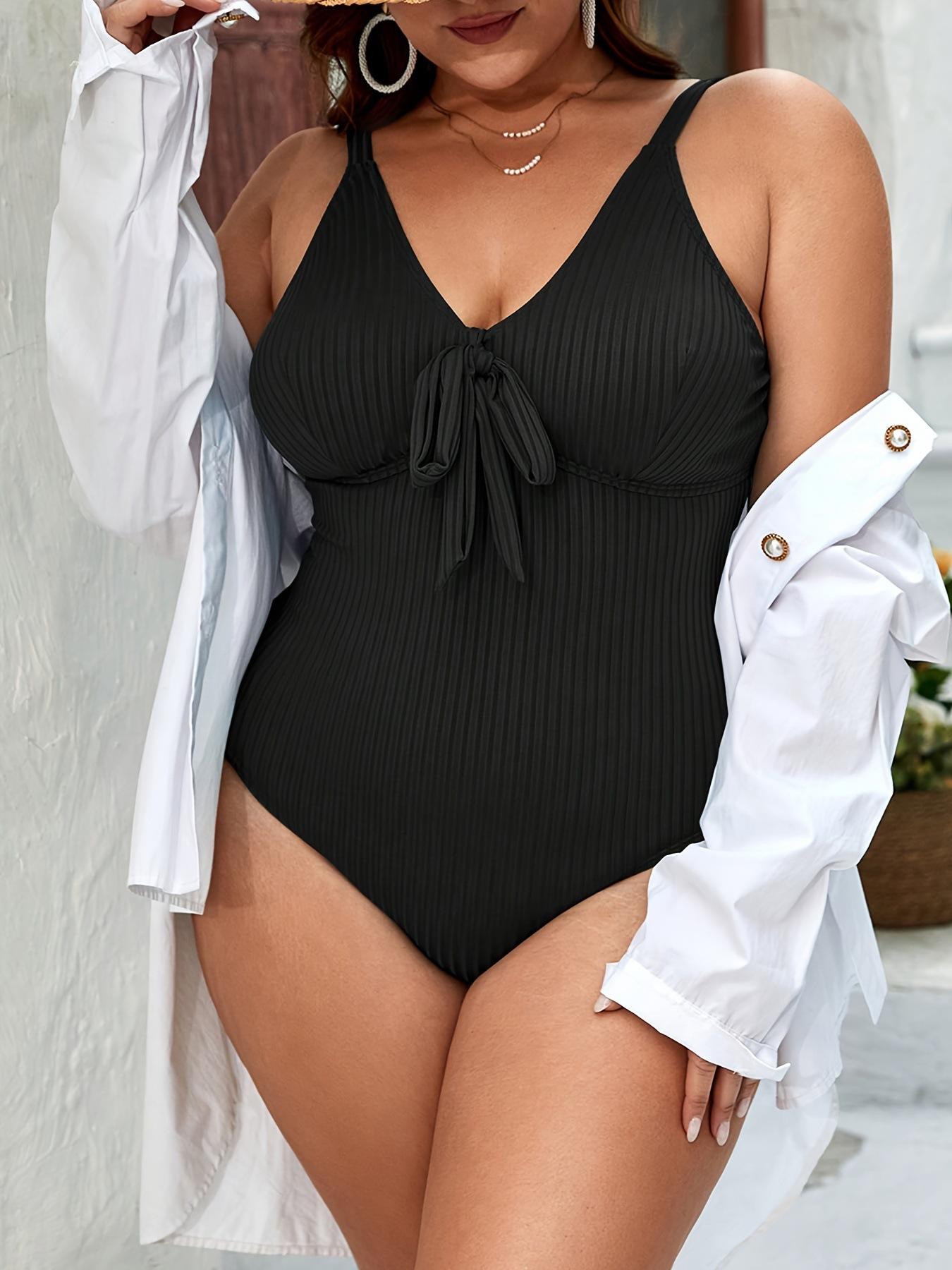 

2025 Solid Patchwork Plus Size Купальники Женские Завязанный Холтер Полый Цельный Купальник Push Up Backless Большой Купальник 0XL чёрный