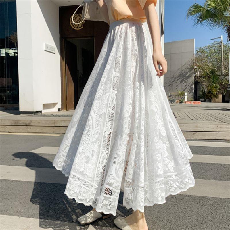 

Lace Mesh Skirt for Women Lace Skirts High Waist Summer Long Skirt Casual Irregular Hem A Line Skirt Vacation Beach Wrap One Size белый