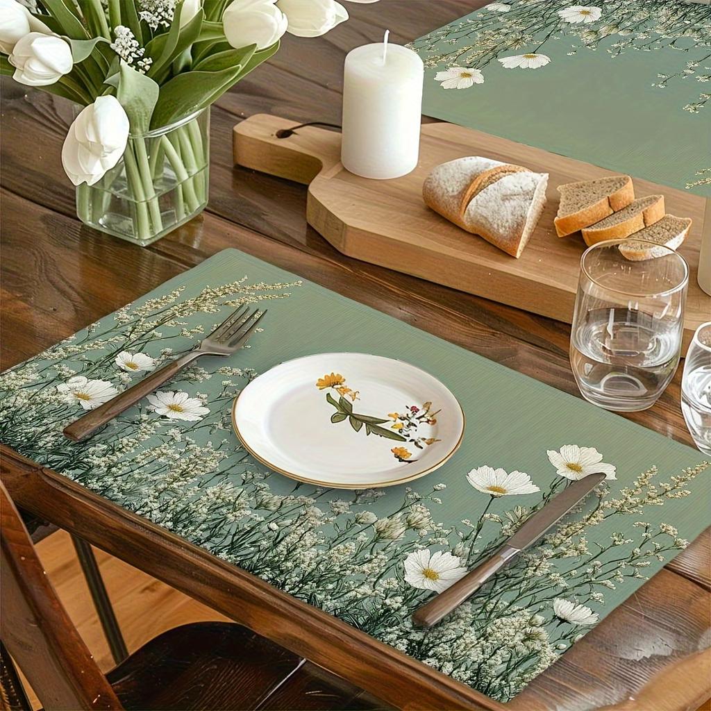 [Sage Green Floral Table] 4pcs/6pcs Sage Green Floral Nebula Pattern Table, 12x18inch Vintage Washable Seasonal Dining Table Decoration