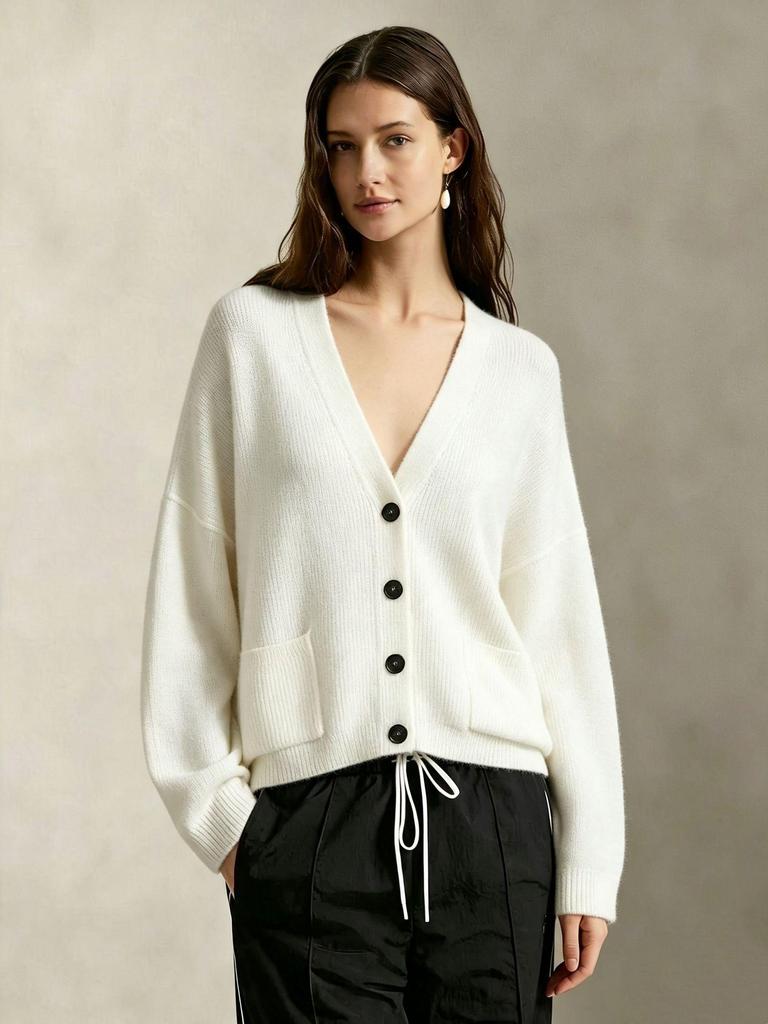 Yuehe Cross 2026 Women's Deep V-neck Cardigan with Drop Shoulders and Double Pockets (Boutique Knit Sweater)