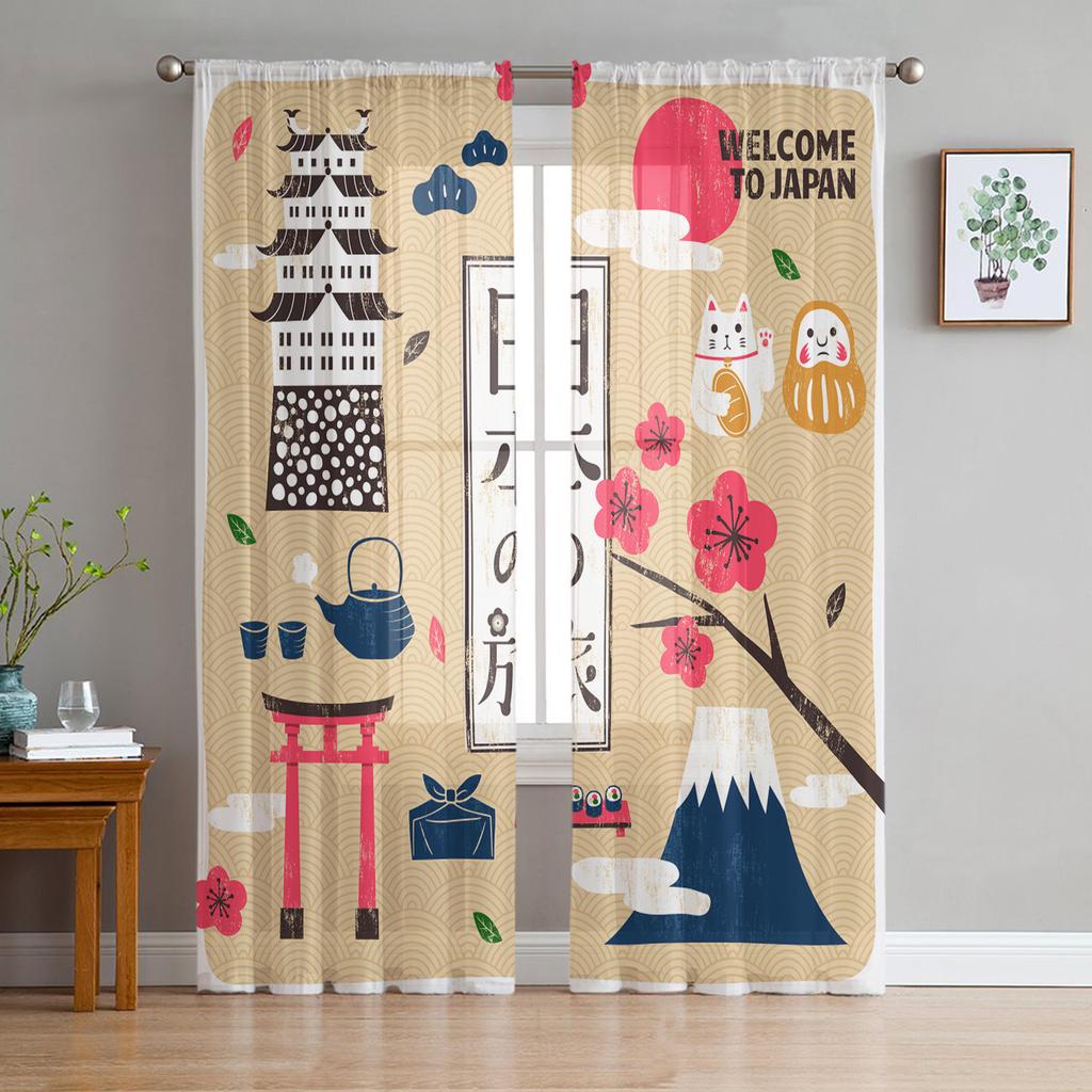 Japan Rote Sonne Geisha Frau Drache Bambus Chiffon Gardinen für Wohnzimmer Schlafzimmer Dekor Fenster Voile Tüll Vorhang Vorhänge