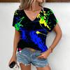 Summer V-neck 3D Colorful Splash Printed T-shirts Fashionable Casual Short Sleeved Women's T-shirts