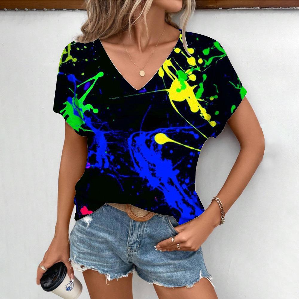 Summer V-neck 3D Colorful Splash Printed T-shirts Fashionable Casual Short Sleeved Women's T-shirts