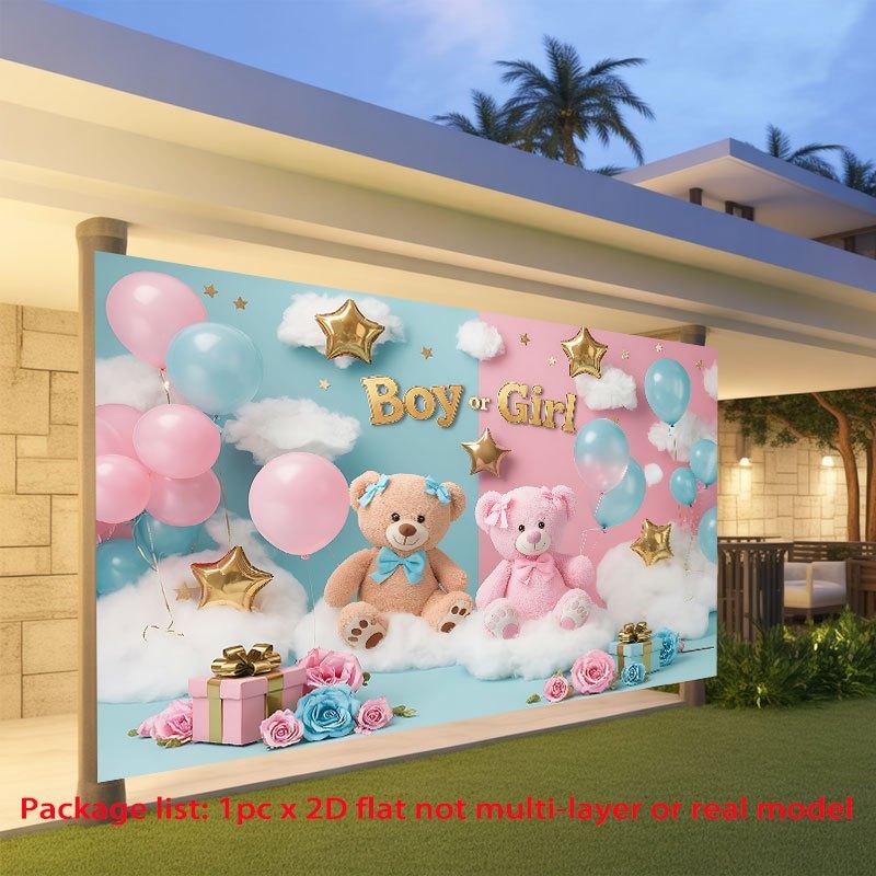 2D flat banner 1 piece per pack featuring a boy/girl baby gender reveal theme with bears balloons and clouds
