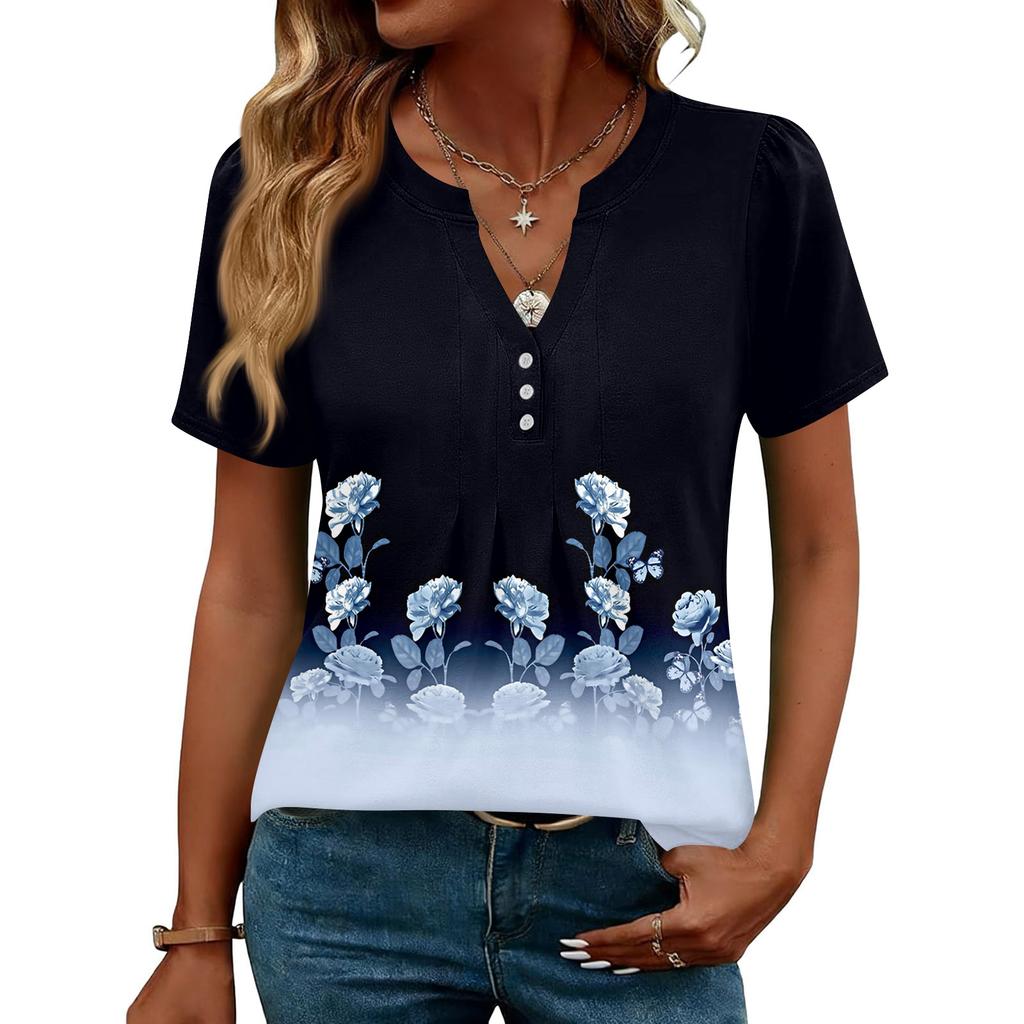 Damen Oberteile Festlich Lässig V-Ausschnitt Kurzarm Hemden Plissierte Blusen Knopfleiste Tunika